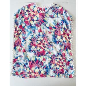 Betsey Johnson Cover Up Tunic Girl Size M(10) Colorful Artsy Pom Poms Beachy